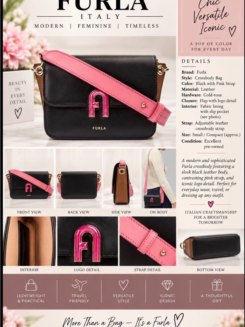Furla Black Leather Crossbody with Pink Strap and Logo Accent